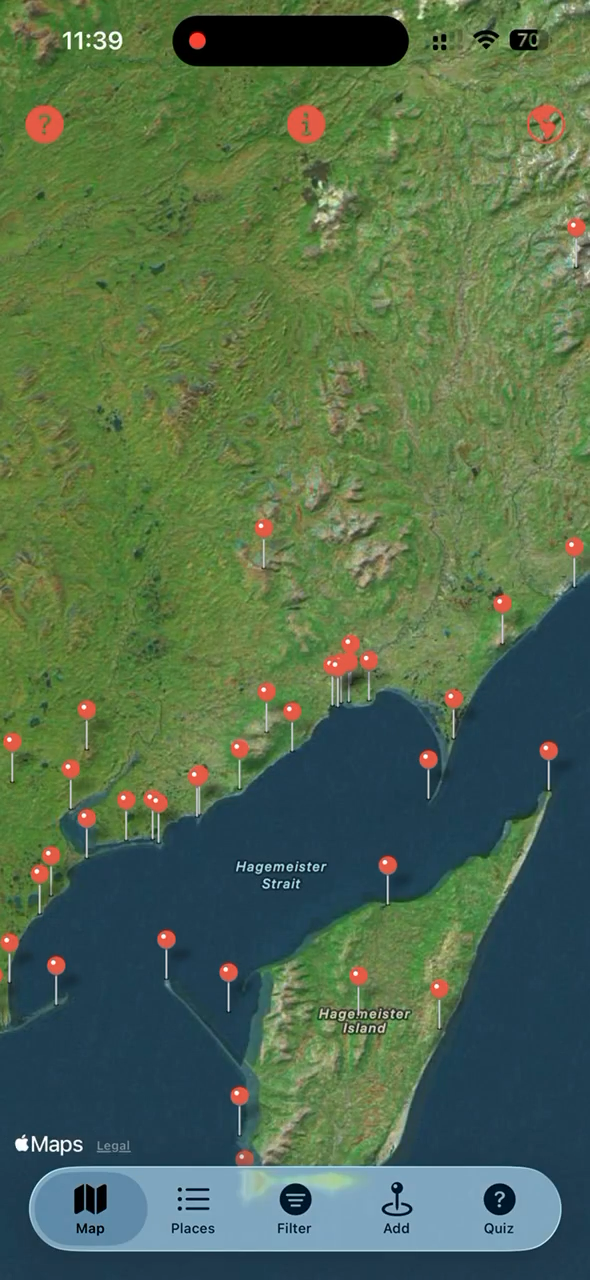 BBNC Place Names mobile app showing traditional place-name locations on the map
